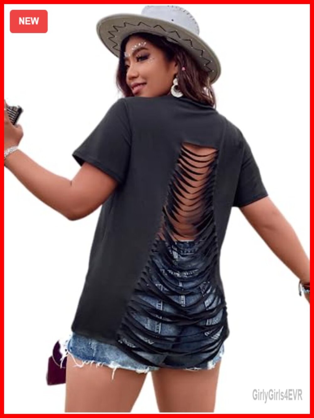 Plus Size Fringe Tops Punk Criss Cross Ripped Open Back Short Sleeve Tee